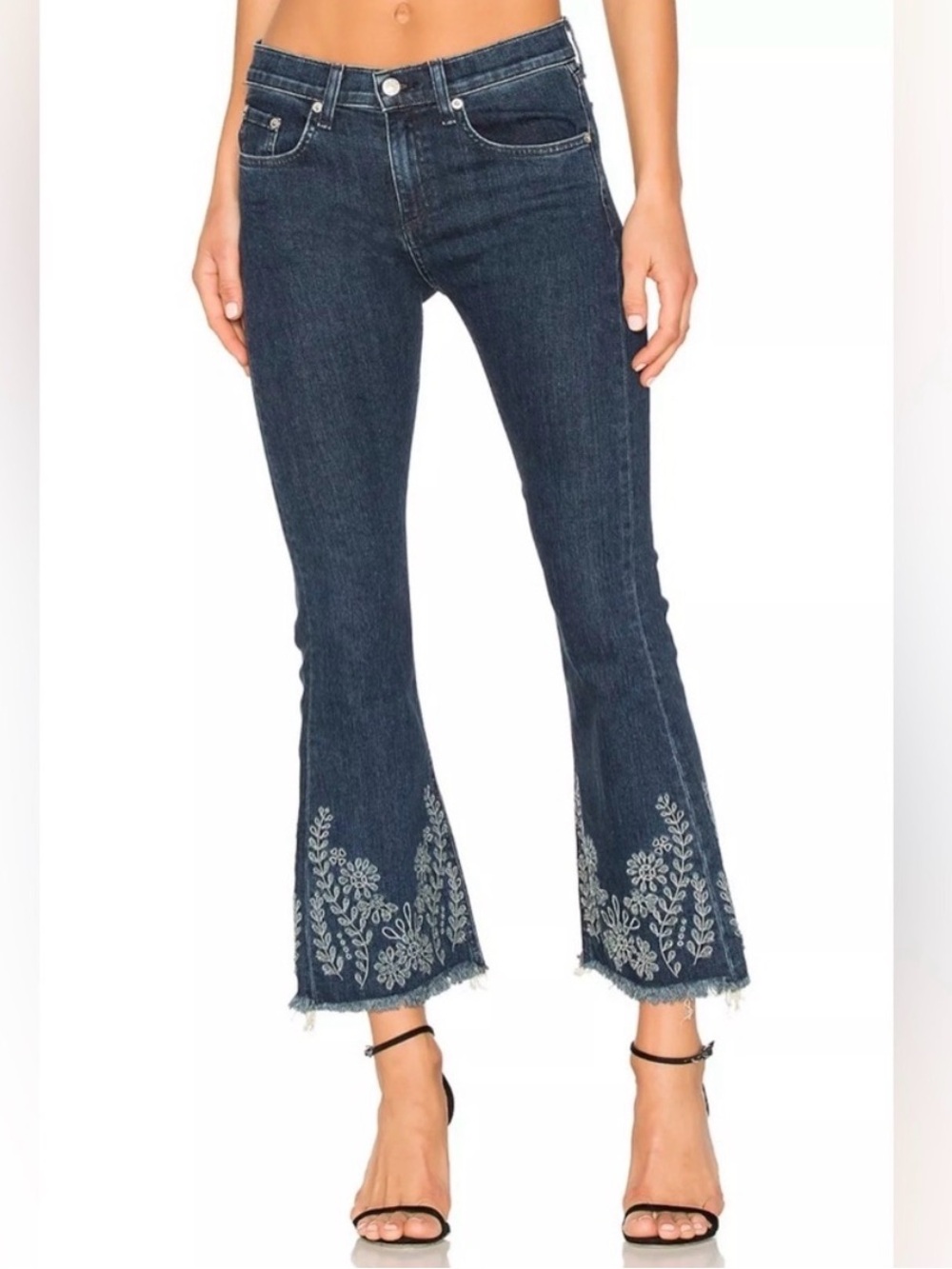 rag & bone‎ 10" Crop Flare Embroidered Raw Hem Jeans | Dark Wash | Size 28